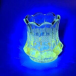 Antique EAPG Banded Portland Virginia Toothpick Holder US Glass Manganese Glow